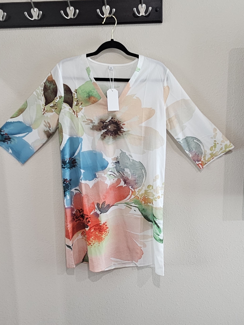 Watercolor Floral V-Neck Midi Dress - White with Multi-Color Print
